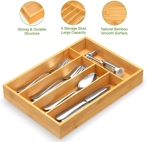 Bamboo Kitchen Drawer Organizer Wooden Silverware Utensil Tray Holder with 5 Small Narrow Compartments for Cutlery Spoons Forks Knives Storage Flatware Organizer by FURNINXS (14x10.5x2 inch?