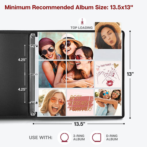 Dunwell 4x4 Photo Album Refills- (50 Pack) Standard 3 Ring Album 12 x 12 Photo Sleeve Protectors, Holds 900 4 x 4 Square Picture, Instagram Prints, Durable Super Heavyweight Poly, Archival Quality