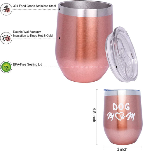 Valporia Dog Mom Gifts for Women Insulated Wine Tumbler with Sayings + Fuzzy Socks + Wine Stopper for Women Birthday Gifts for Women Rose Gold Stainless Steel Xmas Gifts