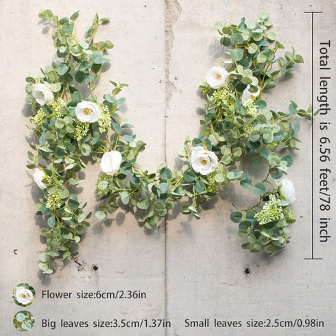 PARTY JOY 6.5ft Seeded Eucalyptus Garland with Flowers-8 White Roses-Lush,Natural Looking, Floral Garland Greenery Garland for Party Wedding Table Indoor Outdoor Backdrop Wall Decor?White,1?