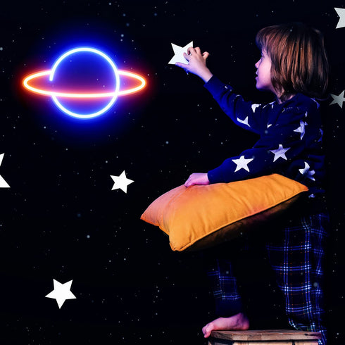 Koicaxy Planet Neon Sign, Acrylic Neon Light for Wall Decor, Battery or USB Powered Light Up Neon Sign for Bedroom, Kids Room, Living Room, Bar, Party, Christmas, Wedding