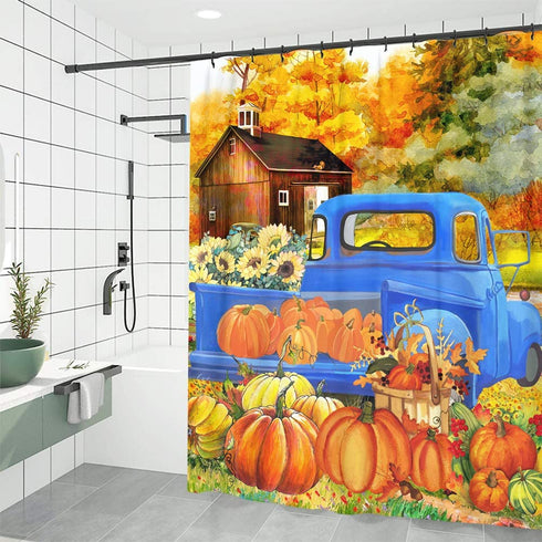 Fall Shower Curtain for Bathroom, Autumn Blue Truck Waterproof Bath Curtains, Pumpkins Maple Leaves Harvest Farmhouse Fabric Seasonal Shower Curtains with Hooks for Home Decor Gifts, 72"x72"