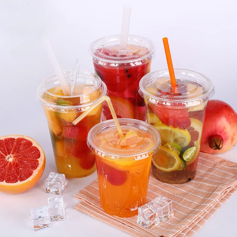 Zezzxu 50Pack 12oz Clear Plastic Cups with Hole Flat Lids and Straws, Crystal Clear PET Disposable Party Cups for Cold Drinks, Iced Coffee, Juice, Smoothie, Milkshake, Bubble Boba Tea