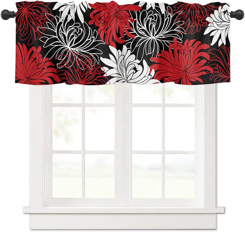 Red Dahlia Valance Curtain Rod Pocket Window Curtain Modern Art Abstract White Red Chrysanthemum Flower Black Washable Window Treatment for Living Room Bedroom Kitchen Home Decor 54x19in