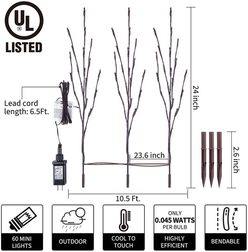 3 Pack Lighted Branches for Vases Plug in - Christmas DIY Twig Pathway Lights with 60 LED Bulbs, Artificial Tree Bendable Xmas Fairy Lights with Stakes for Outdoor Indoor Party Decoration, Pure White