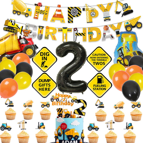 MATTTIME Construction 2nd Birthday Banner Cake Cupcake Topper Terrible Two Traffic Sign Cutouts Dump Truck Party Decoration 2 Years Old Supplies