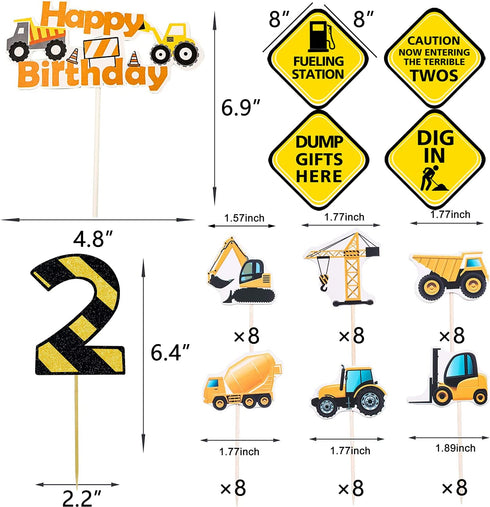 MATTTIME Construction 2nd Birthday Banner Cake Cupcake Topper Terrible Two Traffic Sign Cutouts Dump Truck Party Decoration 2 Years Old Supplies