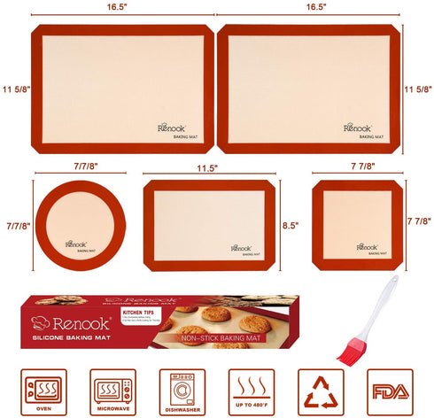 RENOOK Silicone Baking Mats Set of 5, BPA-free grade food baking mat, 100% Non-Stick Reusable Food Safe Liners & Silicone Brush- Macaron, Pastry, Cookie.