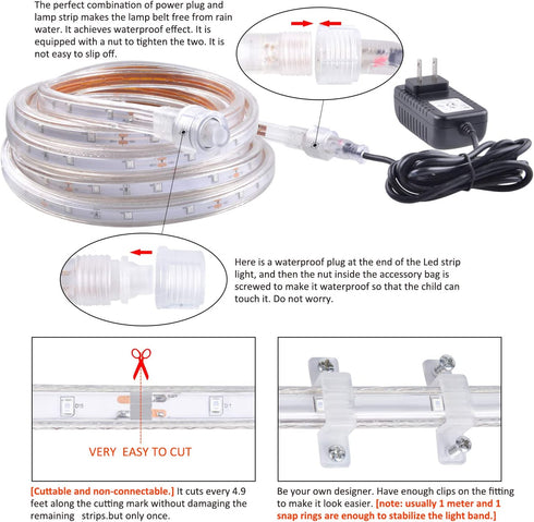 GUOTONG 50ft/15m Plug in LED Rope Lights,Outdoor Blue IP65 Waterproof Strip Lights Cuttable Connectable,Power Socket Connector Fuse Holder, Indoor/Outdoor Use, Ideal for Backyards, Decorative Lighting