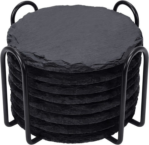 GOH DODD Drink Coasters with Holder, 8 Pieces Rustic Round Slate Stone Coasters 4 Inch Handmade Coasters for Bar and Home, Black