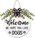 Dog Welcome Sign We Hope You Like Dogs Front Door Wreath Rustic Puppy Wooden Door Hanger with Greenery Paw Prints Bow for Dog Lovers Farmhouse Housewarming Gift Home Wall Art Decor 12 Inches (White)