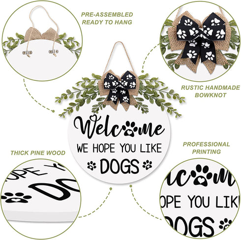 Dog Welcome Sign We Hope You Like Dogs Front Door Wreath Rustic Puppy Wooden Door Hanger with Greenery Paw Prints Bow for Dog Lovers Farmhouse Housewarming Gift Home Wall Art Decor 12 Inches (White)
