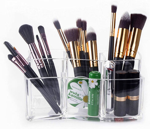Yarlung 2 Pack Acrylic Makeup Brushes Holder, 6 Slots Clear Cosmetic Organizer Eyebrow Pencils Holder Multi-Purpose Desk Sundry Case for Lipsticks, Liners, Bathroom Vanity, Dresser, Curved Edge