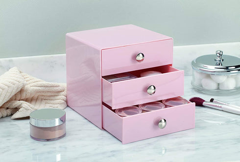 iDesign Plastic 3-Drawer Jewelry Box, Compact Storage Organization Drawers Set for Cosmetics, Dental Supplies, Hair Care, Bathroom, Office, Dorm, Desk, Countertop, 6.5" x 6.5" x 6.5", Pink