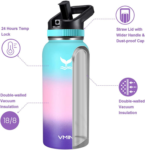 Vmini Water Bottle with Straw, Wide Sturdy Straw Lid with Dust Proof Cap, Wide Mouth Vacuum Insulated Stainless Steel Water Bottle, 32/40 oz