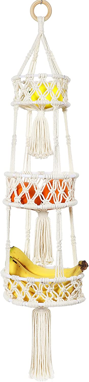Macrame 3 Tier Hanging Basket Space Saving Hanging Fruit Basket for Kitchen or Decorative Boho Decor Hanging Plant Holder Use for Produce Baskets, Indoor Planter Hangers