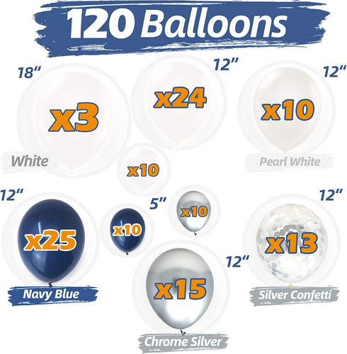 Bloonsy Navy Blue Balloon Garland Kit | Balloon Arch Kit for Baby Boy Shower | 120 Pack | Navy Blue and Silver Balloons