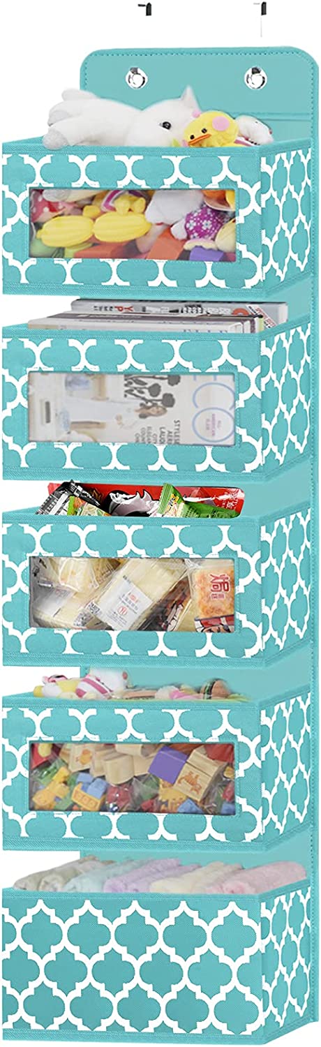 Baby Storage Hanging Organizer Over The Door with 5 Large Clear Window Pocket, Wall Mount Storage Organizer with 2 Metal Hooks for Pantry Baby Nursery Bathroom Closet Dorm(Blue)