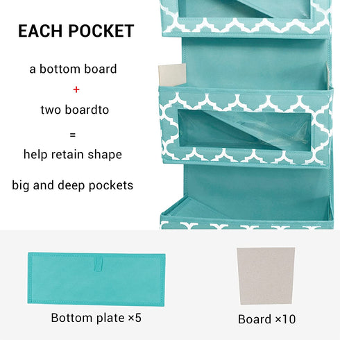 Baby Storage Hanging Organizer Over The Door with 5 Large Clear Window Pocket, Wall Mount Storage Organizer with 2 Metal Hooks for Pantry Baby Nursery Bathroom Closet Dorm(Blue)