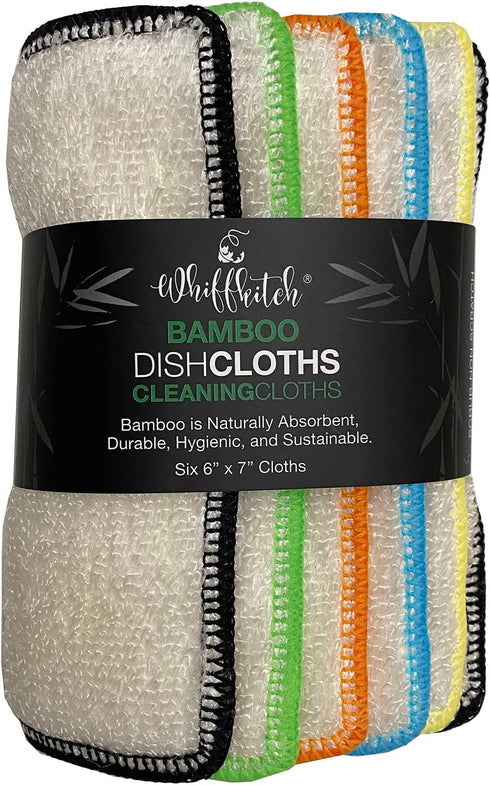 Whiffkitch Bamboo Dishcloth & Cleaning Cloths 6"x7" 6pk, Reusable, Washable, Scrub-Non-Scratch, Extra Absorbent, Quick Drying, Lint-Free, Multi Surface Eco Friendly Cleaning Essentical.
