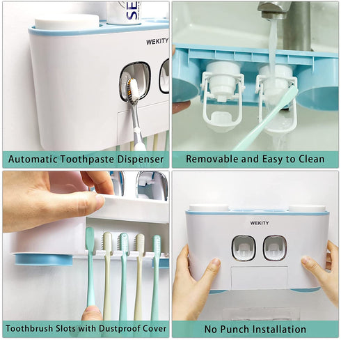 WREWING Toothbrush Holder Multi-Function Wall-Mounted Automatic Toothpaste Dispenser and Dust-Proof Toothbrush Holder with 5 Brush Slots 4 Cups 2 Automatic Toothpaste Dispensers 1 Storage Slot For Bat
