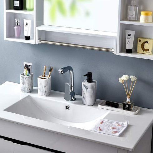 zccz Bathroom Accessory Sets, 4 Pieces Bathroom Accessories Complete Set Vanity Countertop Accessory Set with Marble Look, Includes Lotion Dispenser Soap Pump, Tumbler, Toothbrush Holder and Tray