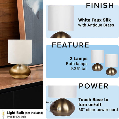 Catalina 18581-001 Transitional 2 Pack Matching Small Touch Table Lamp Set, 9.25, Classic Antique Brass, 2 Count