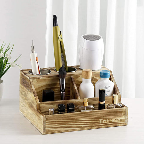UNIFEEL Hair Tool Organizer - Farmhouse Rustic Wood Blow Dryer Holder Holds All Hot Styling Tools, Brush and Vanity Accessories - Countertop Curling Iron Holder