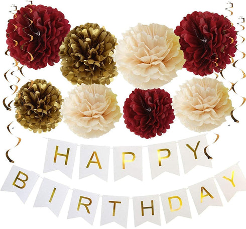 Burgundy Gold Birthday Party Decorations Burgundy Champagne Gold Tissue Pom Pom Happy Birthday Banner Burgundy Birthday Decorations for Women/Fall Birthday Party Decorations/30th Birthday Decorations