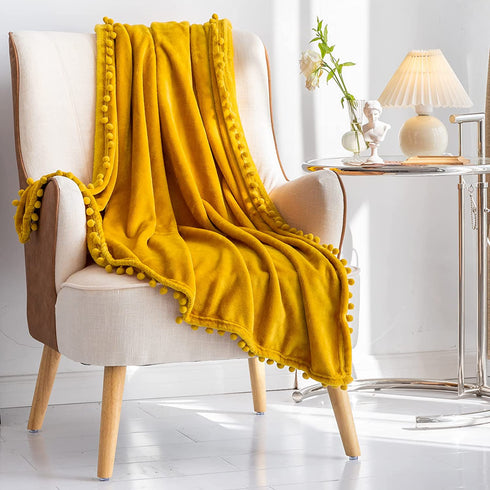BT.WA Throw Blanket with Pompom Fringe Soft Cozy Flannel Blanket for Couch Sofa Bed Camping Travel Home Decor (Yellow, 51"x63")