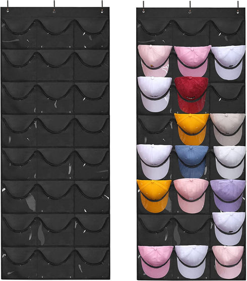 Melpler Hat Rack Hat Organizer,Hat Racks for Baseball Caps,Hat Organizer for Baseball Caps,Hat Storage with 24 Clear Deep Pockets,Hat Rack for Wall/Door Complete with Over Door Hooks(Black)