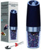 Pepper Grinder, Gravity Electric Pepper Mill, Battery Operated Automatic Salt Mill with Blue LED Light, One Handed Operation, Adjustable Coarseness, Black?Including Stainless Steel Spoon?
