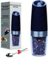Pepper Grinder, Gravity Electric Pepper Mill, Battery Operated Automatic Salt Mill with Blue LED Light, One Handed Operation, Adjustable Coarseness, Black?Including Stainless Steel Spoon?