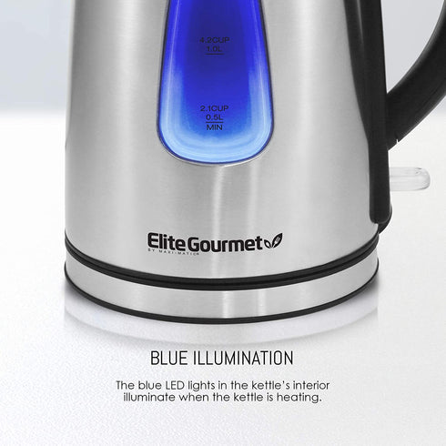 Elite Gourmet EKT-1271 Ultimate 1.7 Liter Electric Kettle Stainless Steel Design & Cordless 360° Base, Stylish Blue LED Interior, Handy Auto Shut-Off Function Quickly Boil Water For Tea & More