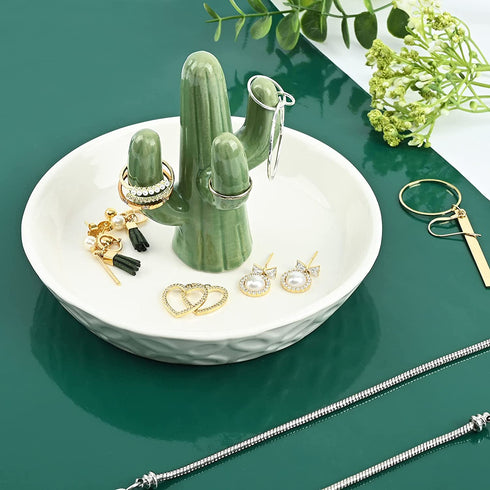 Ceramic Cactus Ring Holder Cactus Ring Dish for Jewelry Cactus Decor for Friend Sister Birthday Wedding Anniversary Bridal Engagement Christmas Gift for Women, Light Green