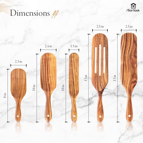 Spurtle set As Seen on TV- Nice-nook 5pc wooden spoons for cooking made with Premium teak wood-Cookware Utensils For Non Stick , Baking, Smashing, Scooping, Spreading, Serving and More-Great gift.