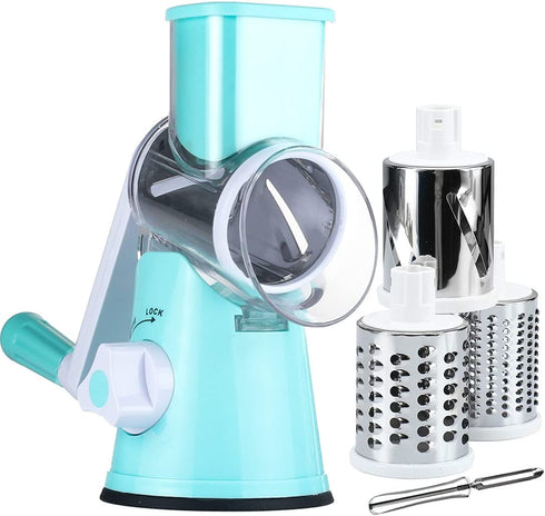 KEOUKE Rotary Cheese Grater Slicer - Round Mandoline Drum Slicer Manual Vegetable Slicer with a Stainless Steel peeler (Blue)