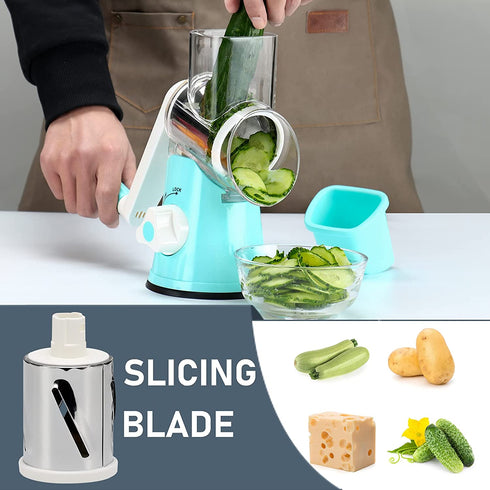 KEOUKE Rotary Cheese Grater Slicer - Round Mandoline Drum Slicer Manual Vegetable Slicer with a Stainless Steel peeler (Blue)