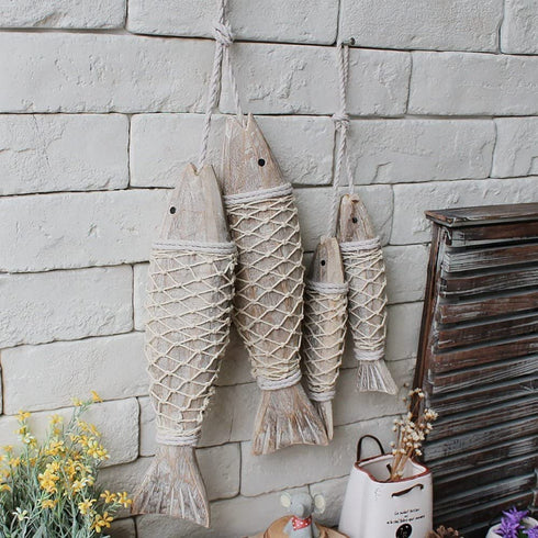 4 Pack Antique Hand Carved Wood Fish Sculpture Decor Ornament with Fishing Net, Beach Theme Wall Art Hanging Wooden Nautical Fish Decorations for Home, Lake House, Bathroom Bedroom Decorated Set of 4