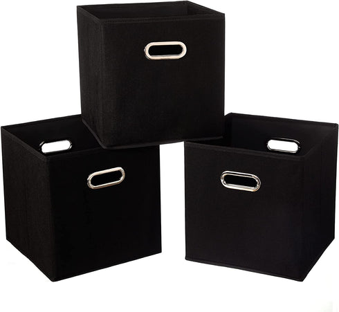 SEVENDOME Fabric Cloth Storage Bins,Fabric Cube Organizer with Dual Handles Foldable Cube Storage Baskets for Home Bedroom Storage,Set of 3, Black