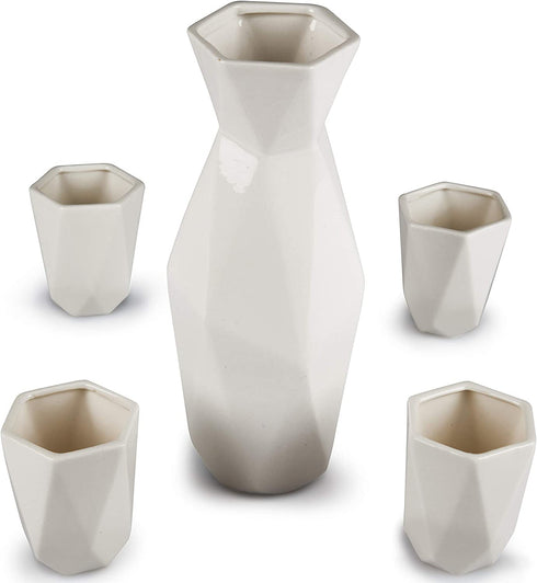 5 Piece Traditional Japanese Sake Set, 1 Tokkuri Bottle and 4 Ochko Cups, White - Unique Custom Modern Design