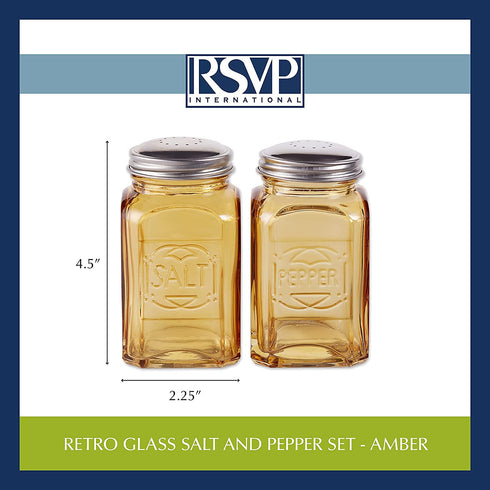 RSVP International Retro Glass Salt & Pepper Shaker | Stainless Steel Lids |, 8 oz, Amber