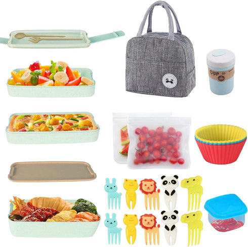 UHAPPYEE Bento box Japanese Lunch Box,Lunch Box Kit 3-In-1 Compartment,Leak-proof Wheat Straw Lunch Container Bento Lunch Box for Adults/Kids (Green)