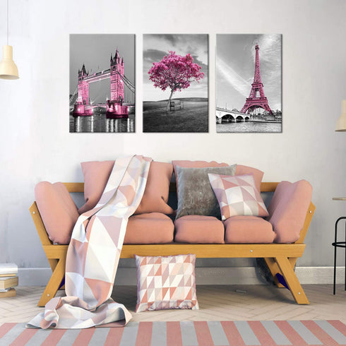 Decor for Bedroom for Girls Pink Paris Theme Room Decor Wall Art Canvas Black and White Art Eiffel Tower Pictures Decorations Tower Paris Eiffel Tower Painting Framed (16"x24"x3Panles)