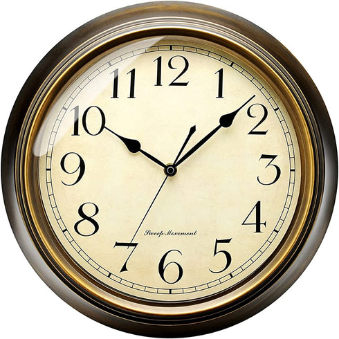 Plumeet Small Retro Wall Clock - 10'' Non Ticking Classic Silent Metal Clocks Decorative Kitchen Living Room Bedroom - Battery Operated (Brown)