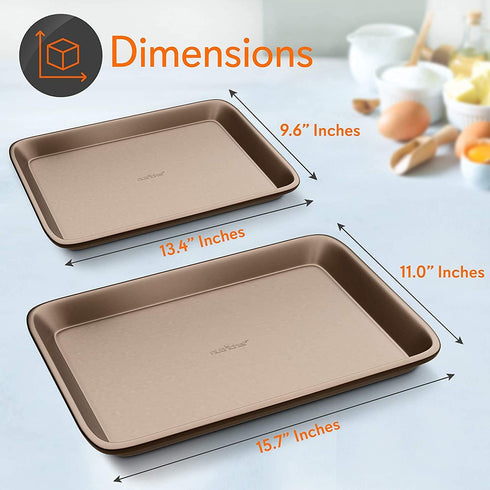 Nutrichef Nonstick Cookie Sheet Baking Pan | 2pc Large and Medium Metal Oven Baking Tray - Professional Quality Kitchen Cooking Non-Stick Bake Trays w/ Rimmed Borders, Guaranteed NOT to Wrap