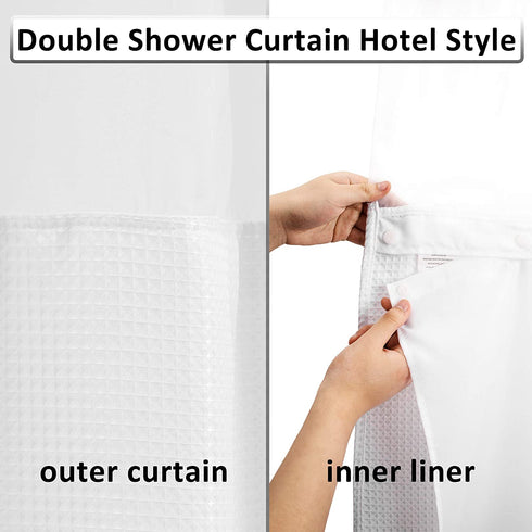 Waffle Weave Shower Curtain with Snap-in Fabric Liner & Hooks Set: Hotel Style & Top Sheer Window, Double Layers & Machine Washable for Easy Clean, 71x72, White