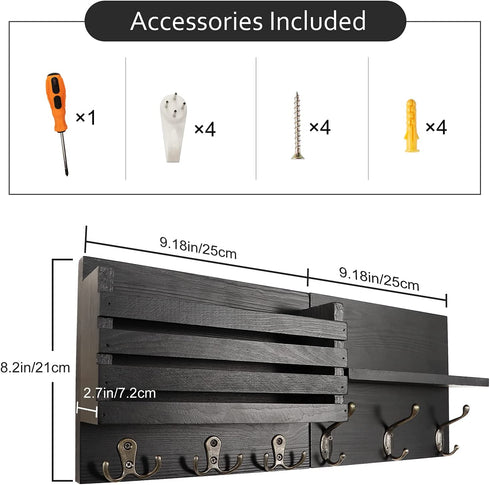 Tikea Mail Holder for Wall - Wood Key Hanger Key Hooks Wall Mount Collapsible Decorative Shelf for Letters, Bills, Entryway Rack, Extra Felt Memo Board