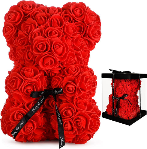 Rose Teddy Bear- Mothers Day Bear Gifts- Rose Bear Artificial Handmade, Gift for mom Rose Flower, Mothers Day Rose Gifts, Valentine's Day Gifts for Girlfriend- 10 inch Clear Gift Box