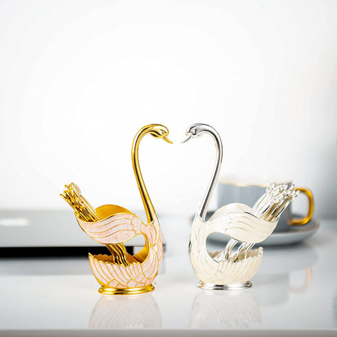 Feyarl Coffee Dessert Sugar Spoon Set Decorative Swan Base Holder with 6pcs Spoons for Stirring Mixing Dessert Ice Cream Coffee Teaspoon Cake Flatware (Gold)